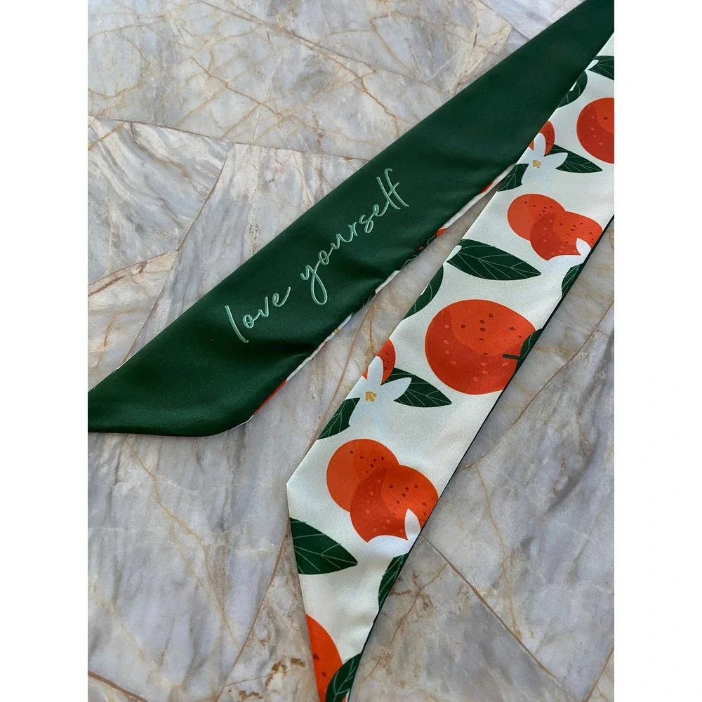 Orange Citrus Floral Love Yourself Green Skinny Scarf Twilly Bag Accessory